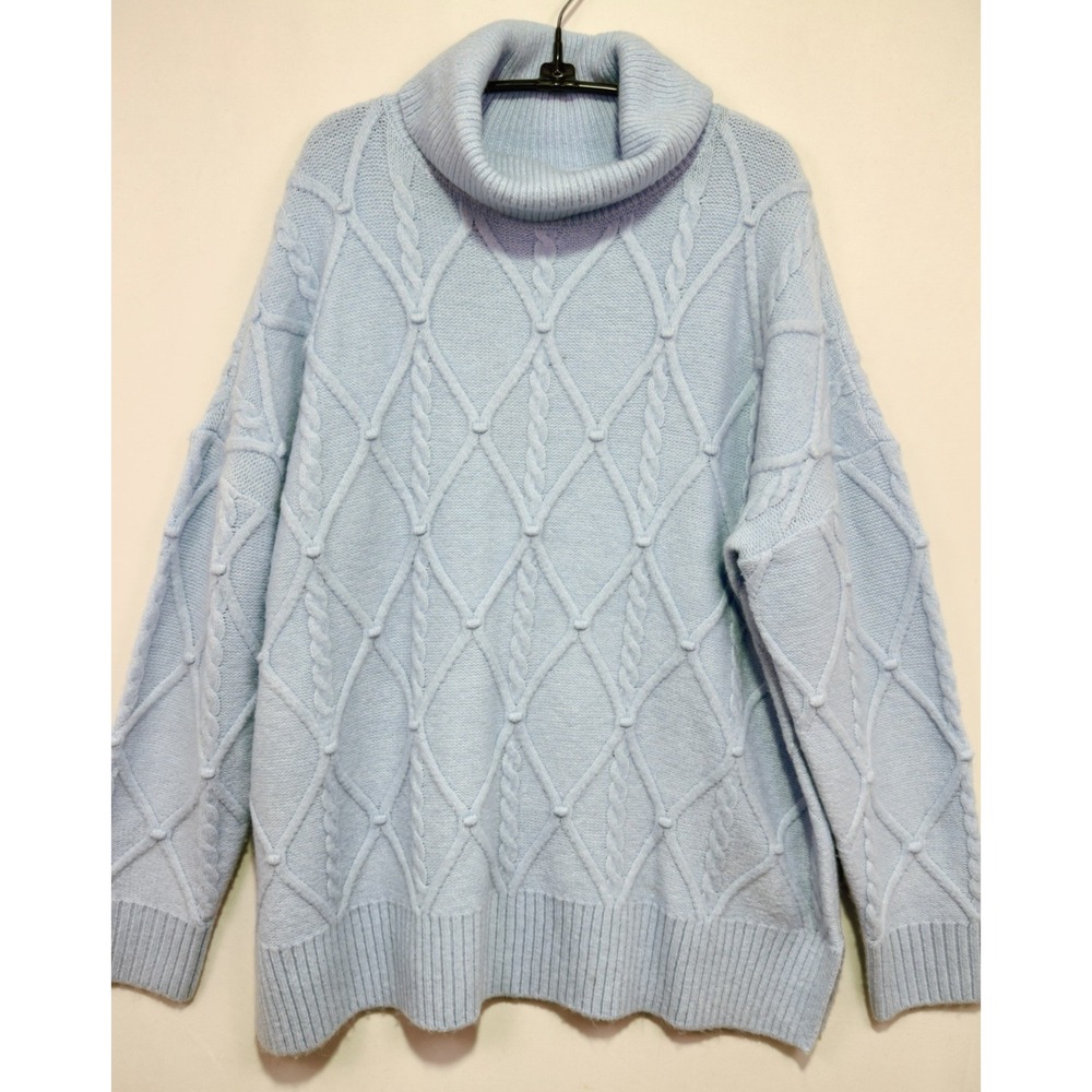 LOFT XXL Blue Cable Knit Cowl Neck Sweater Oversized Wool Blend Pullover